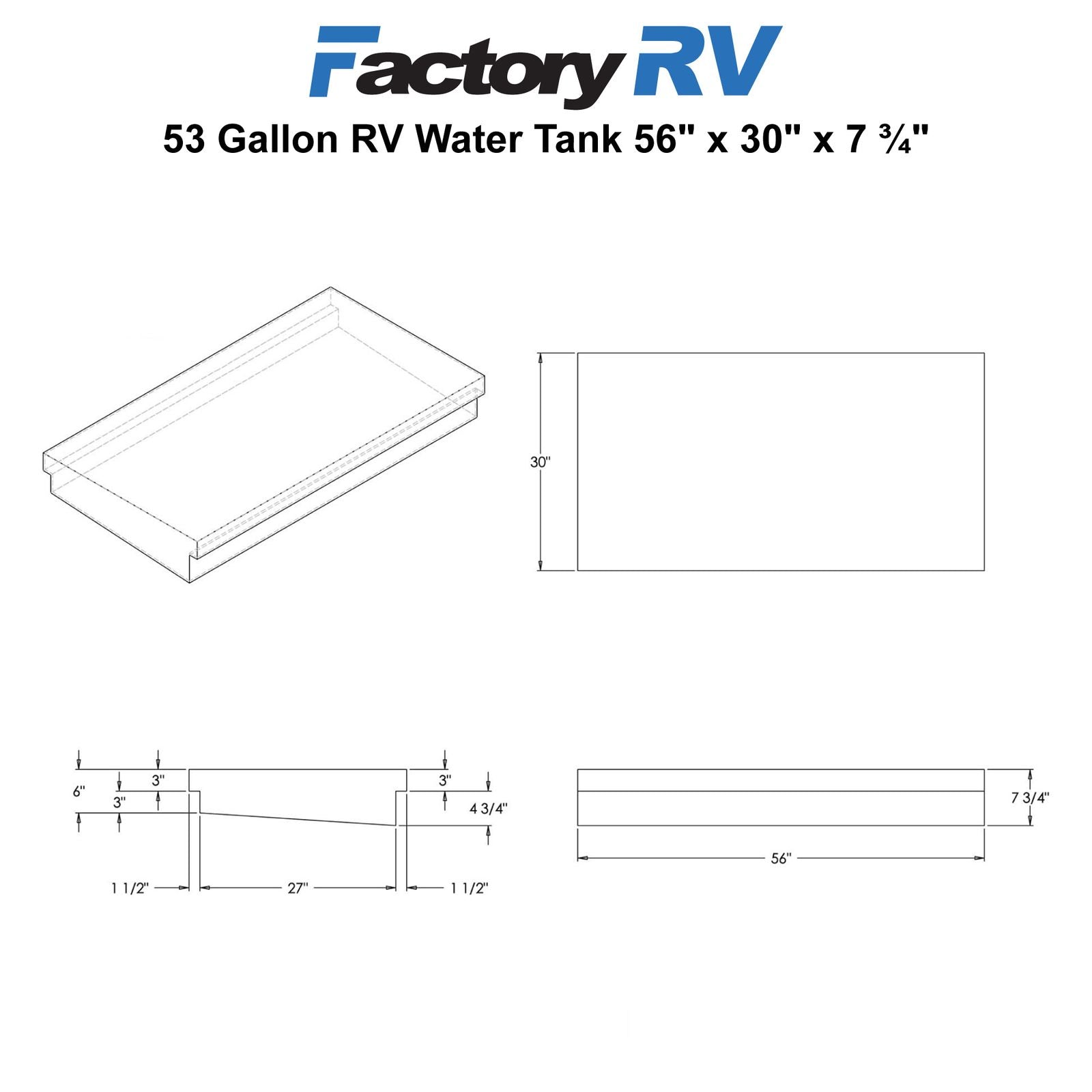 RV Fresh Water Tank 53 Gallon | 56" x 30" x  7 ¾" | Elkhart Plastics EPI 1339 (without fittings)