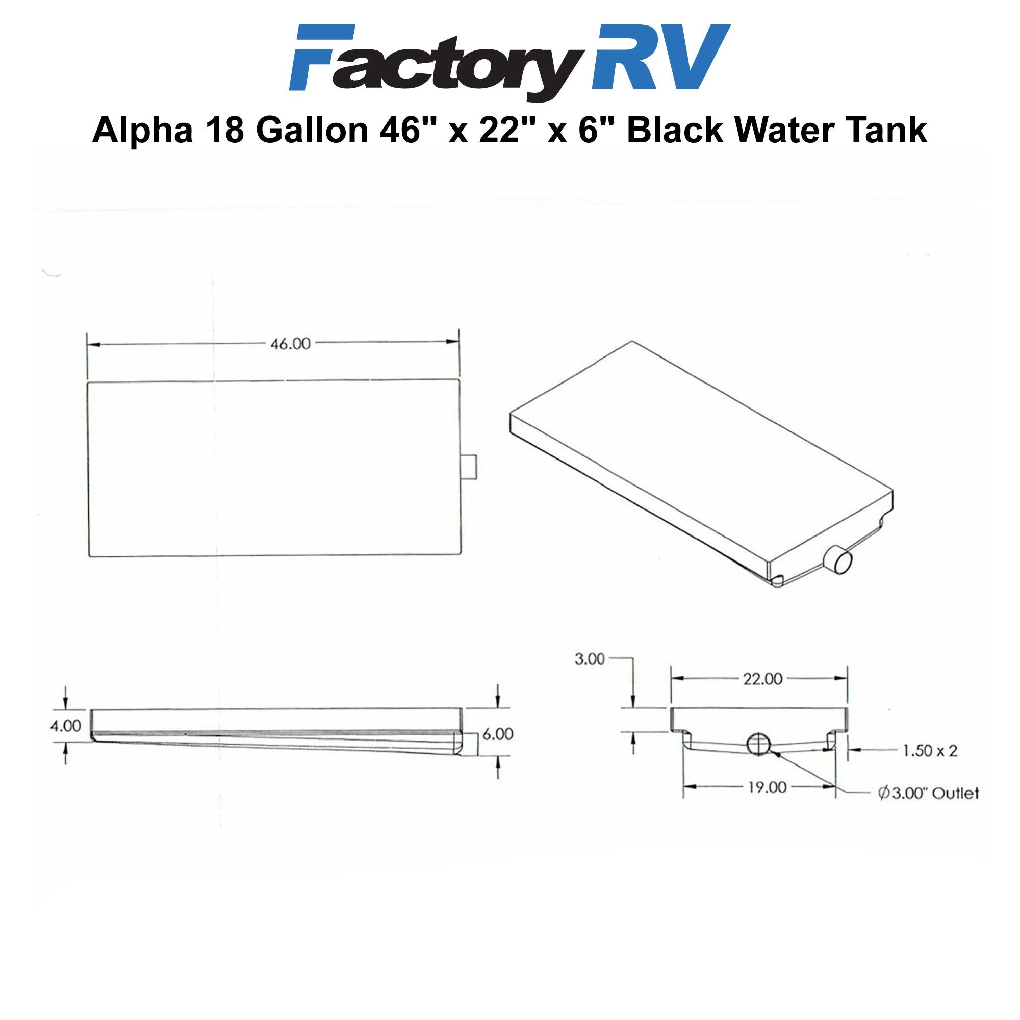 RV Black Water Tank 18 Gallon | 46" x 22" x 6" | Alpha VR22466H