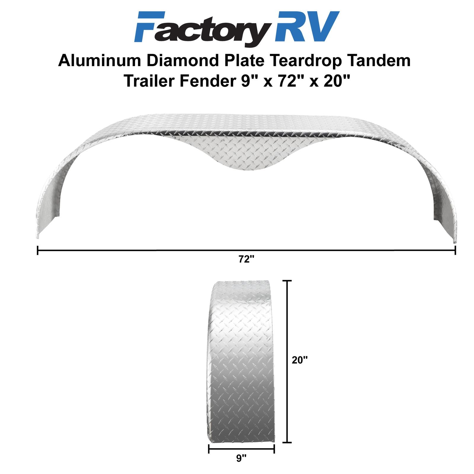 Trailer Fender | Tandem | Aluminum Diamond Plate | Teardrop | 9" x 72" x 20"