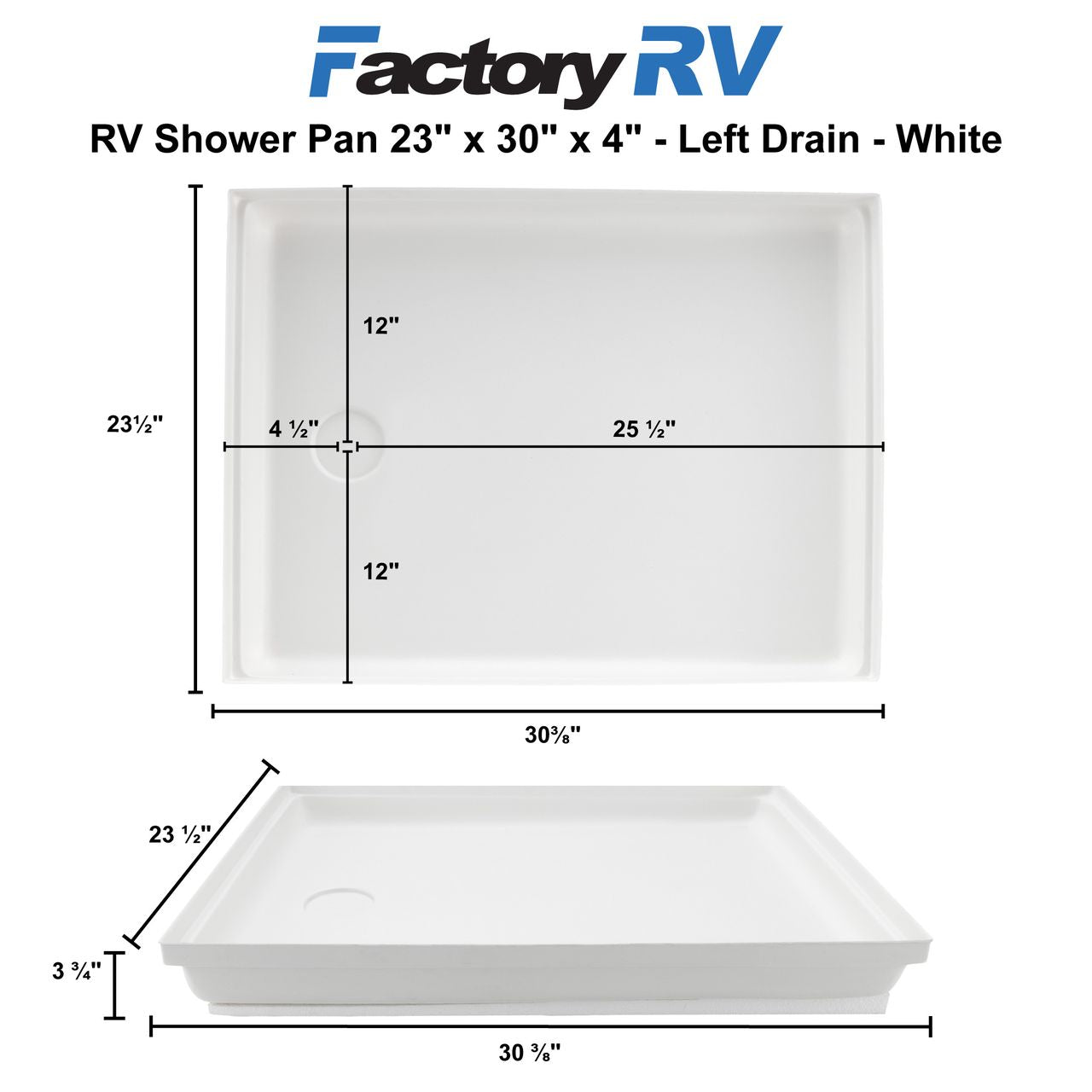 RV Rectangular Shower Pan 23" x 30" x 4" Left Drain | White