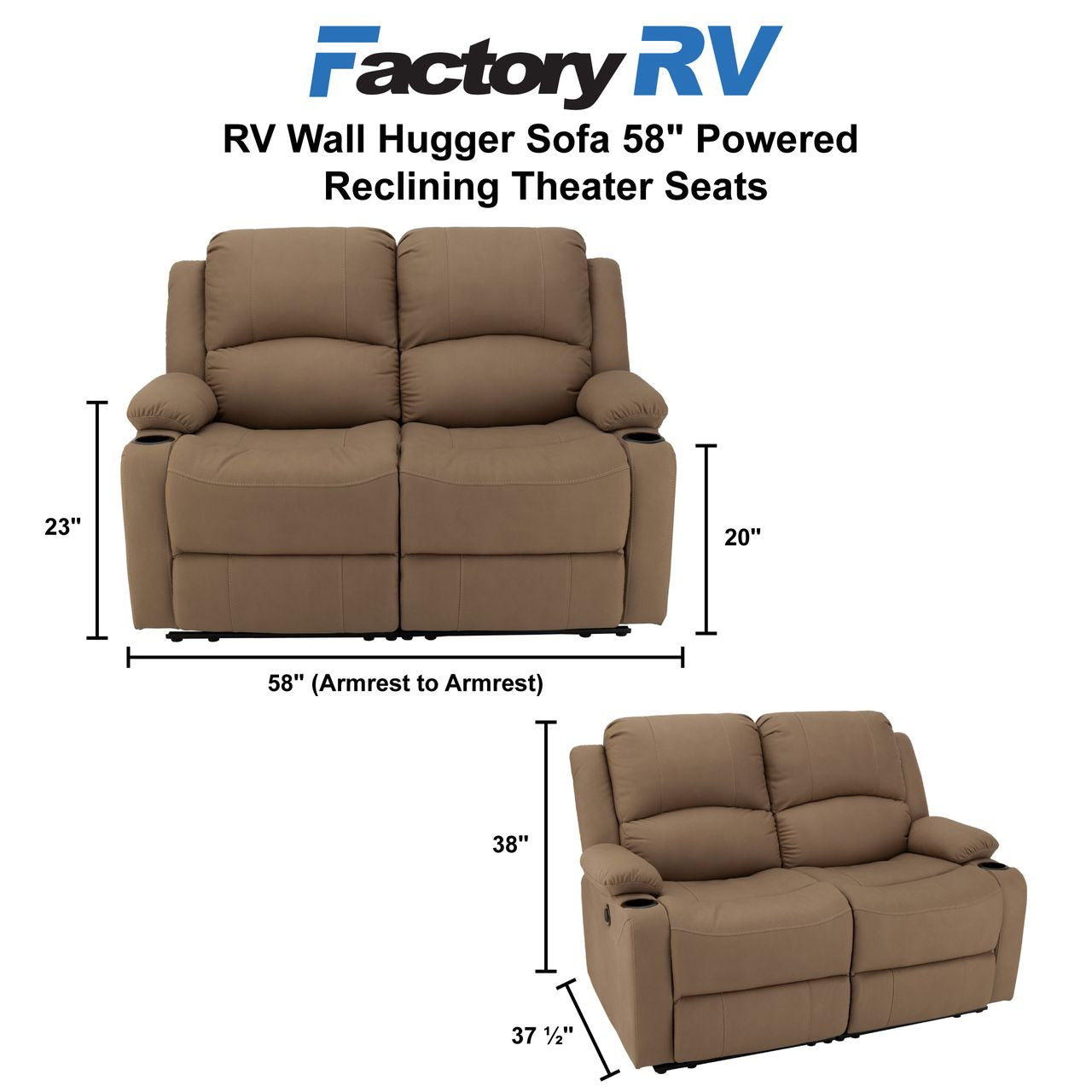 RV Wall Hugger Sofa 58" Powered Reclining Theater Seats