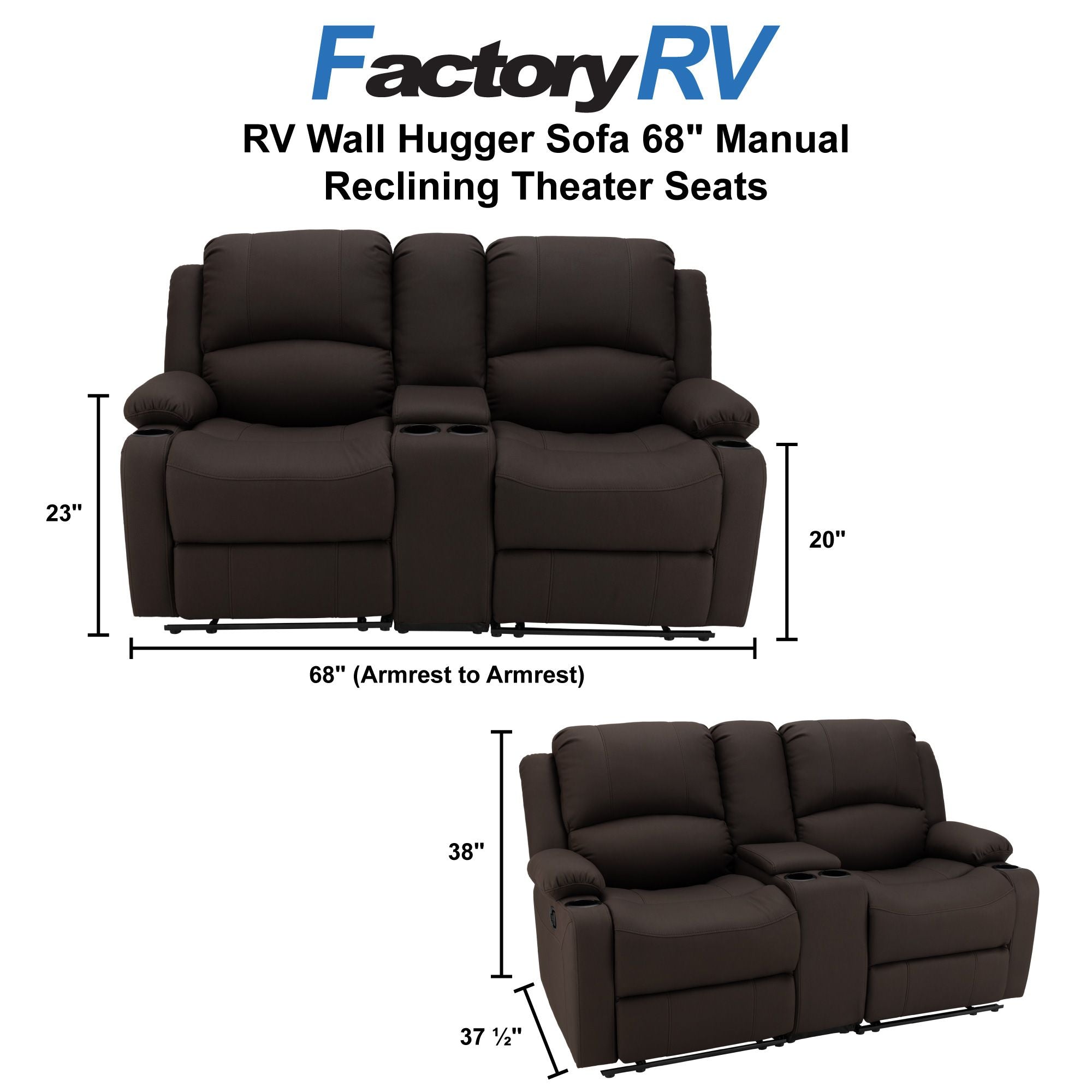 RV Wall Hugger Sofa 68" Manual Reclining Theater Seats
