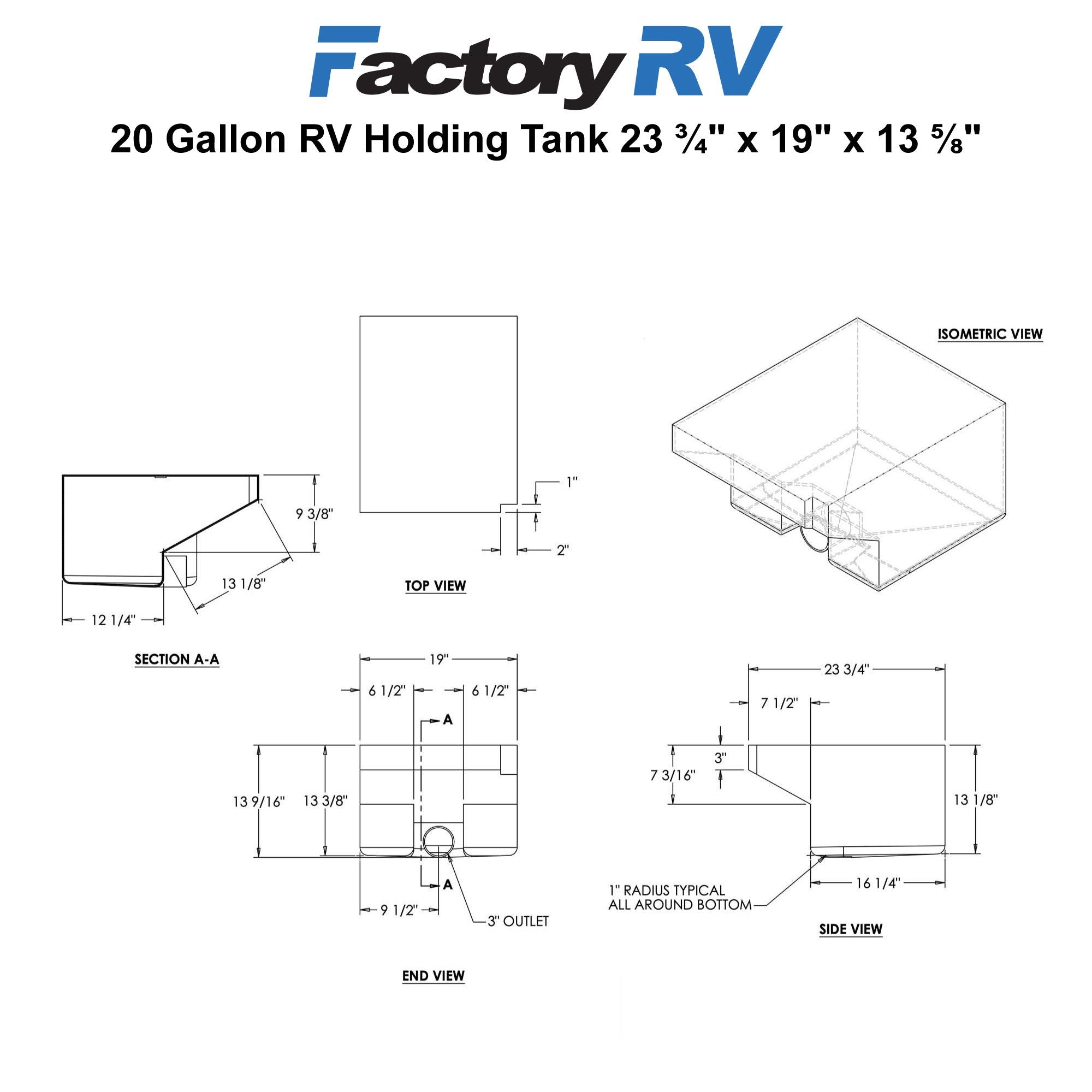 RV Black Water Tank 20 Gallon | 23 ¾" x 19" x 13 ⅝" | Elkhart Plastics EPI 1299