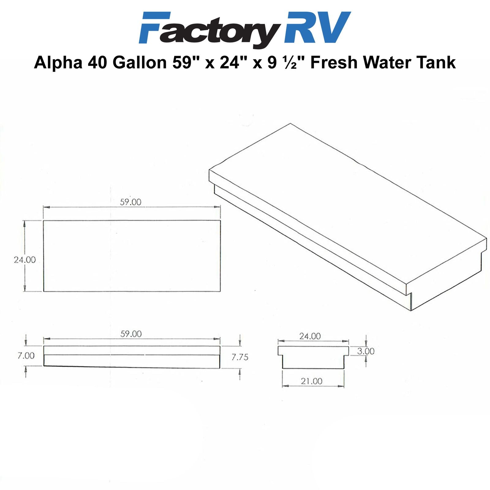 RV Fresh Water Tank 40 Gallon | 59" x 24" x 9 ¼" | Alpha VR24597W (without fittings)