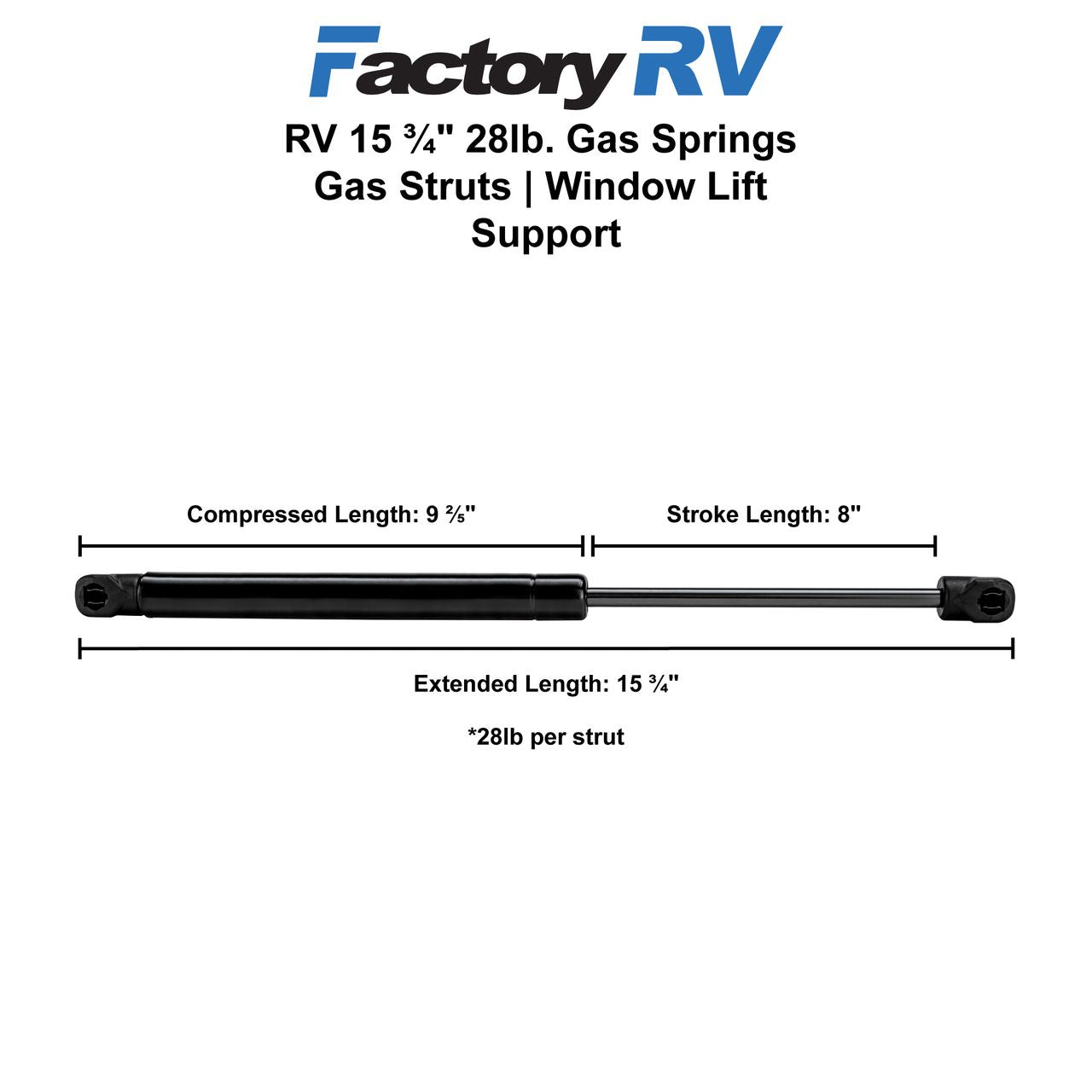 Suspa RV Gas Struts | Gas Springs | 15 ¾" 28lb. | 2 Pack