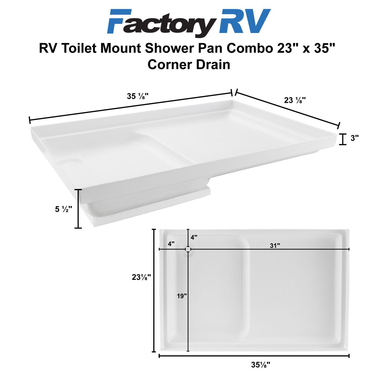 RV Shower Pan & Toilet Combo | 23x35 Corner Drain White