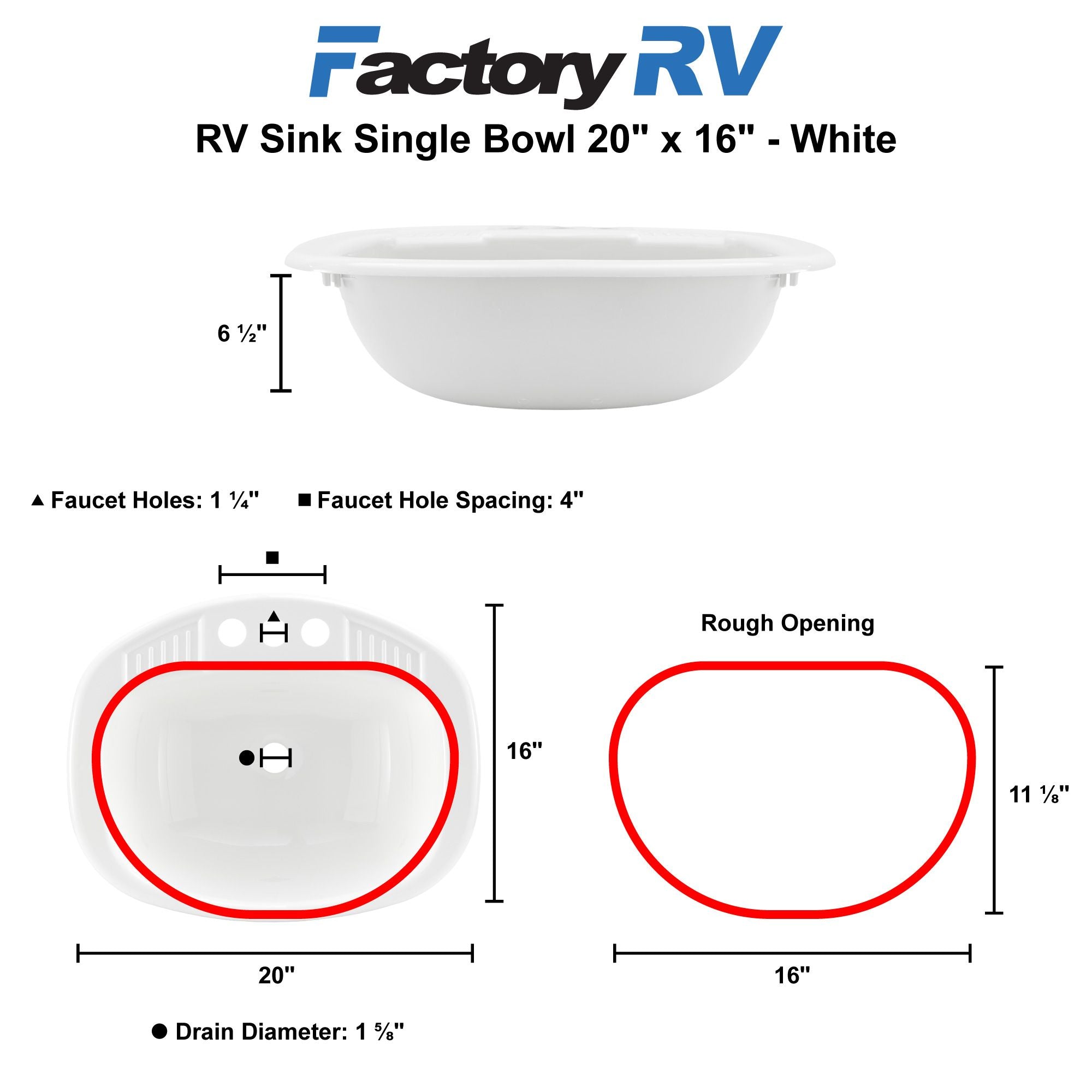 RV Sink 20" x 16" Single Bowl | White