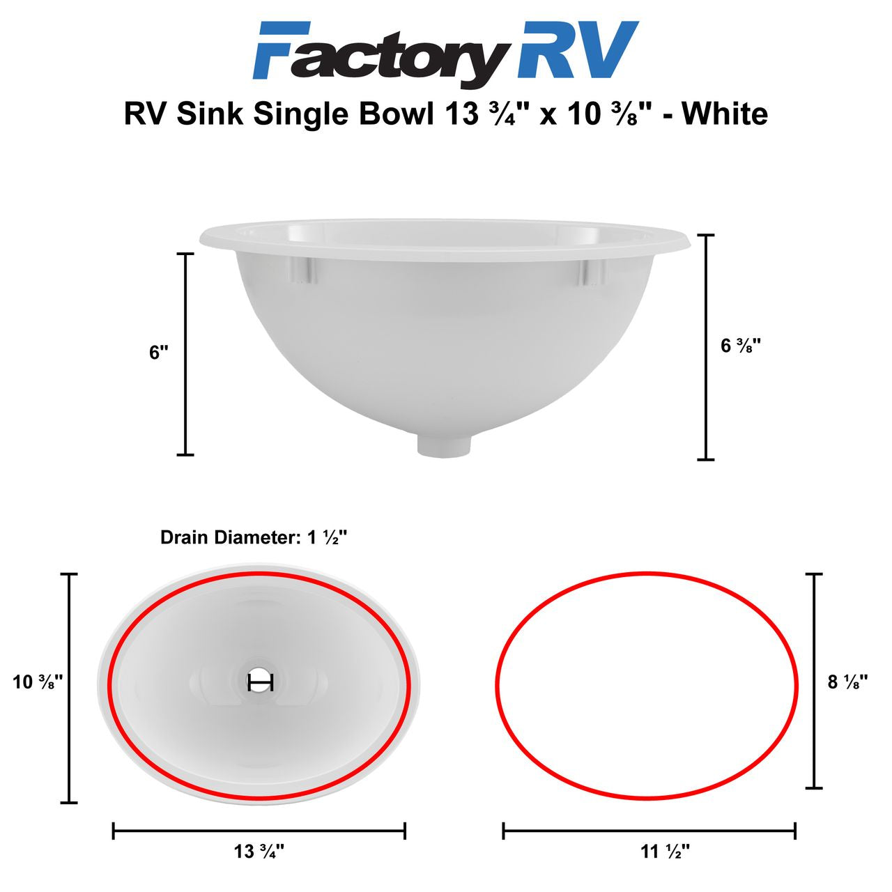 RV Sink 13 ¾" x 10 3⁄8" Single Bowl | White
