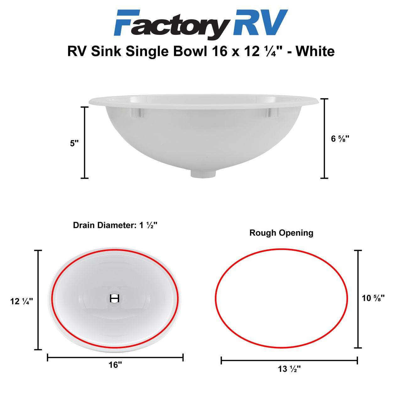 RV Sink 16" x 12 ¼" Single Bowl  | White