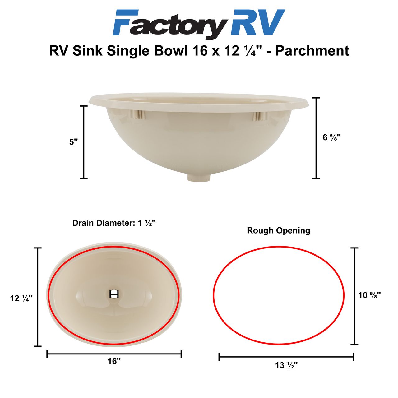 RV Sink 16" x 12 ¼" Single Bowl | Parchment
