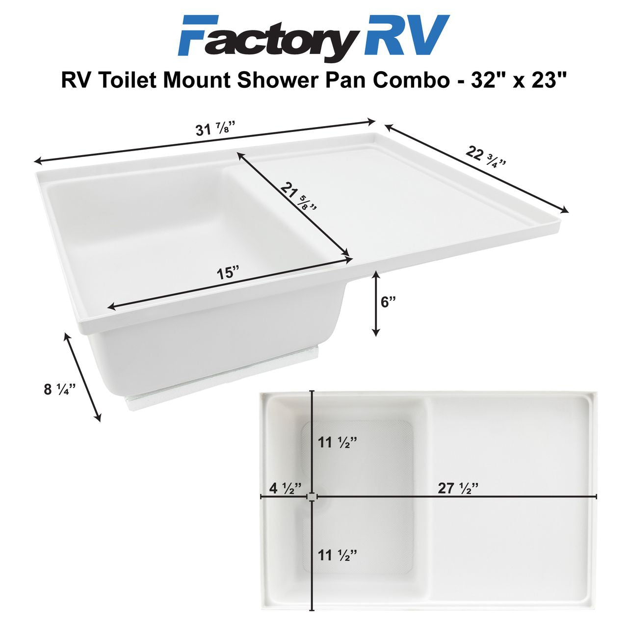 RV Shower Pan Combo 32x23 Left Drain | White Toilet Mount