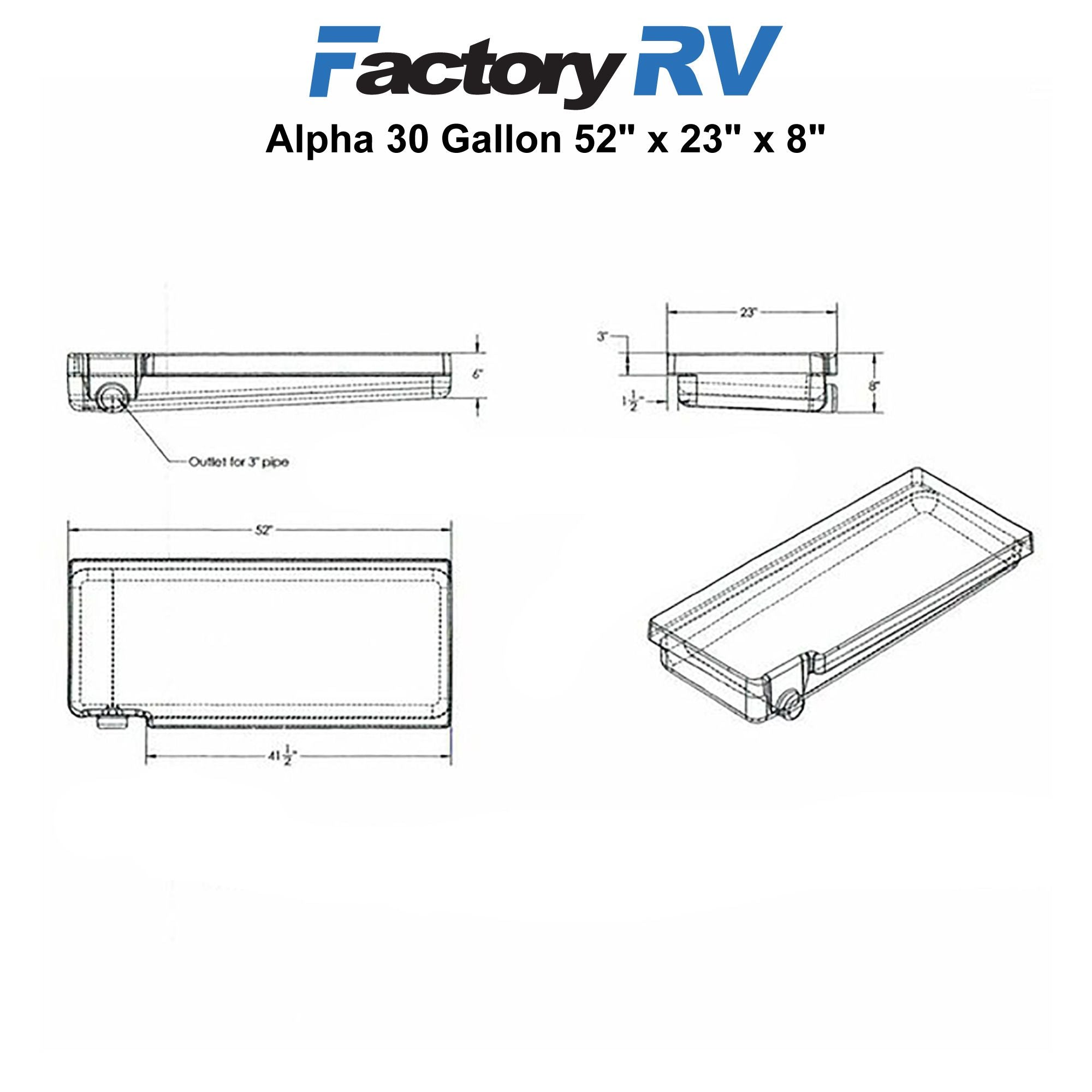 RV Black Water Tank 30 Gallon | 52" x 23" x 8" | Alpha VB23528HL