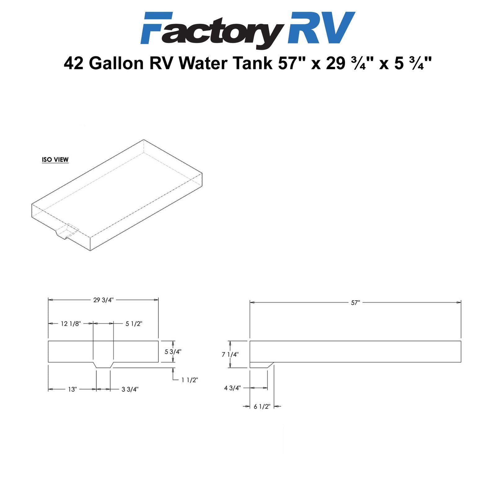RV Fresh Water Tank 42 Gallon | 57" x 29 ¾" x 5 ¾" | Elkhart Plastics EPI 03029 (without fittings)