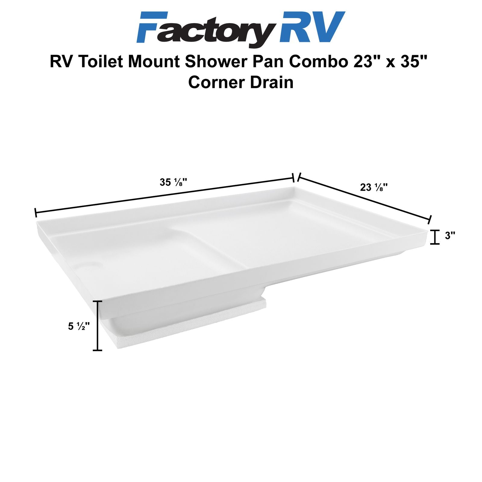RV Shower Pan Toilet Mount Combo 23" x 35" Corner Drain | White