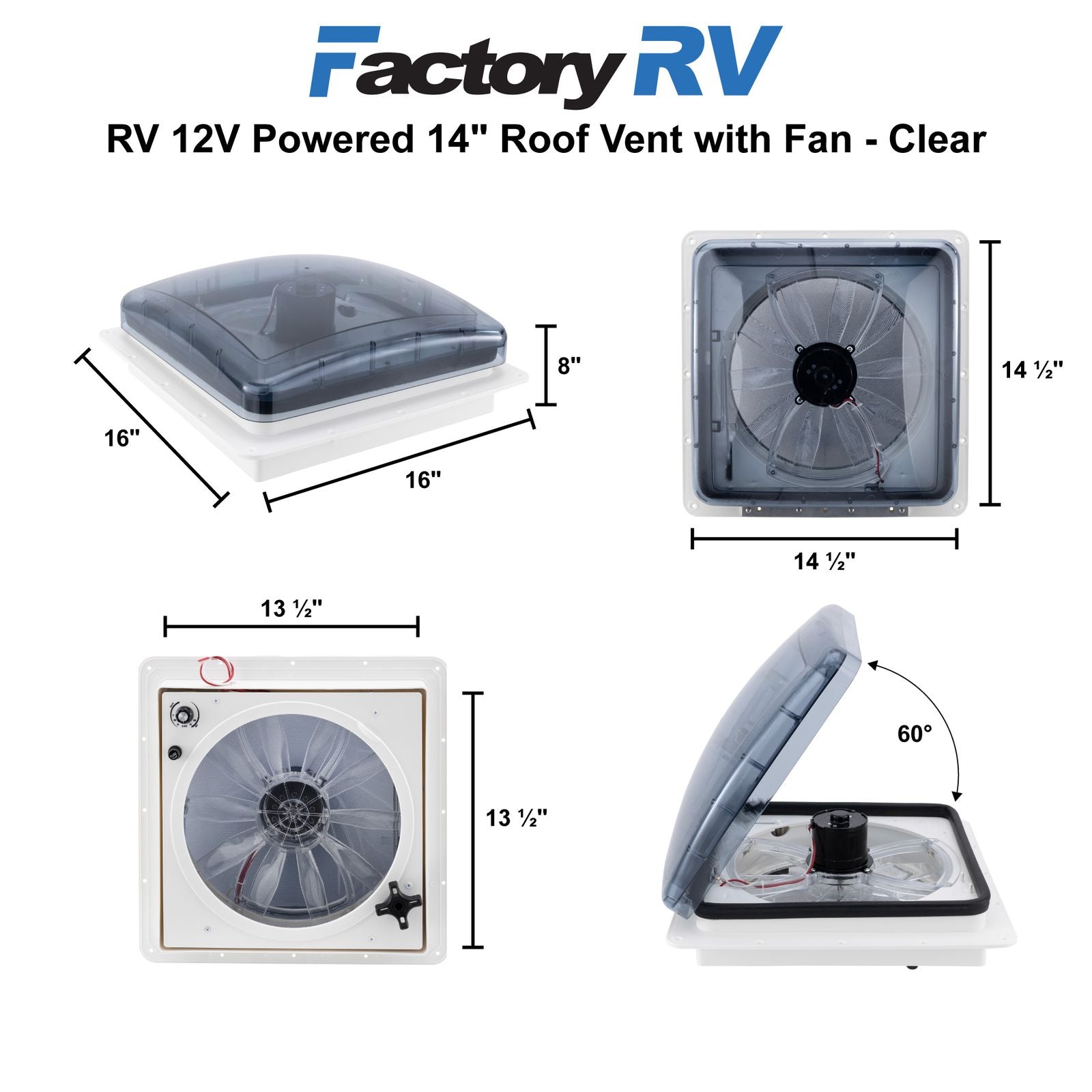 Heng's RV 12V Powered Roof Ventilation |  14" |  Vent Fan | Clear