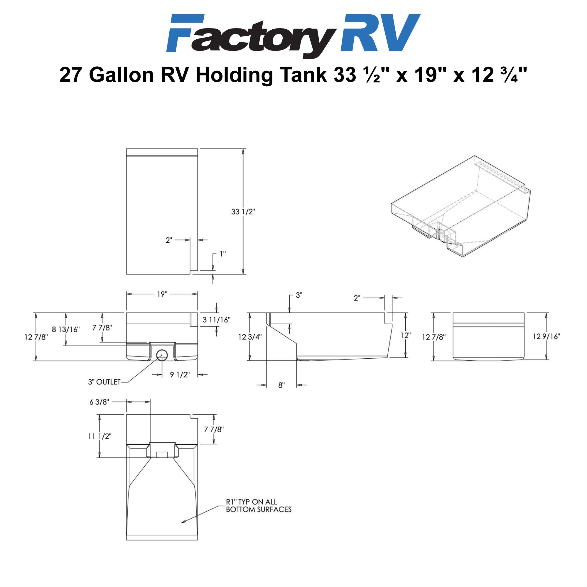 RV Black Water Tank 27 Gallon | 33 ½" x 19" x 12 ¾" | Elkhart Plastics EPI 2034